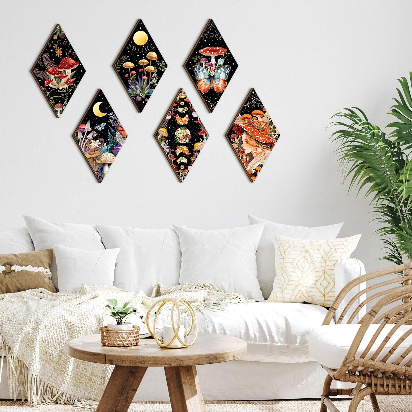 Qunclay 6 Pcs Witchy Gothic Wall Decor, Rustic Boho Moon Phase Sun Mushroom Star Hanging Wooden Ornament for Bedroom Living Room Gallery, Celestial Goth Home Decoration Farmhouse Pediments(Mushroom)