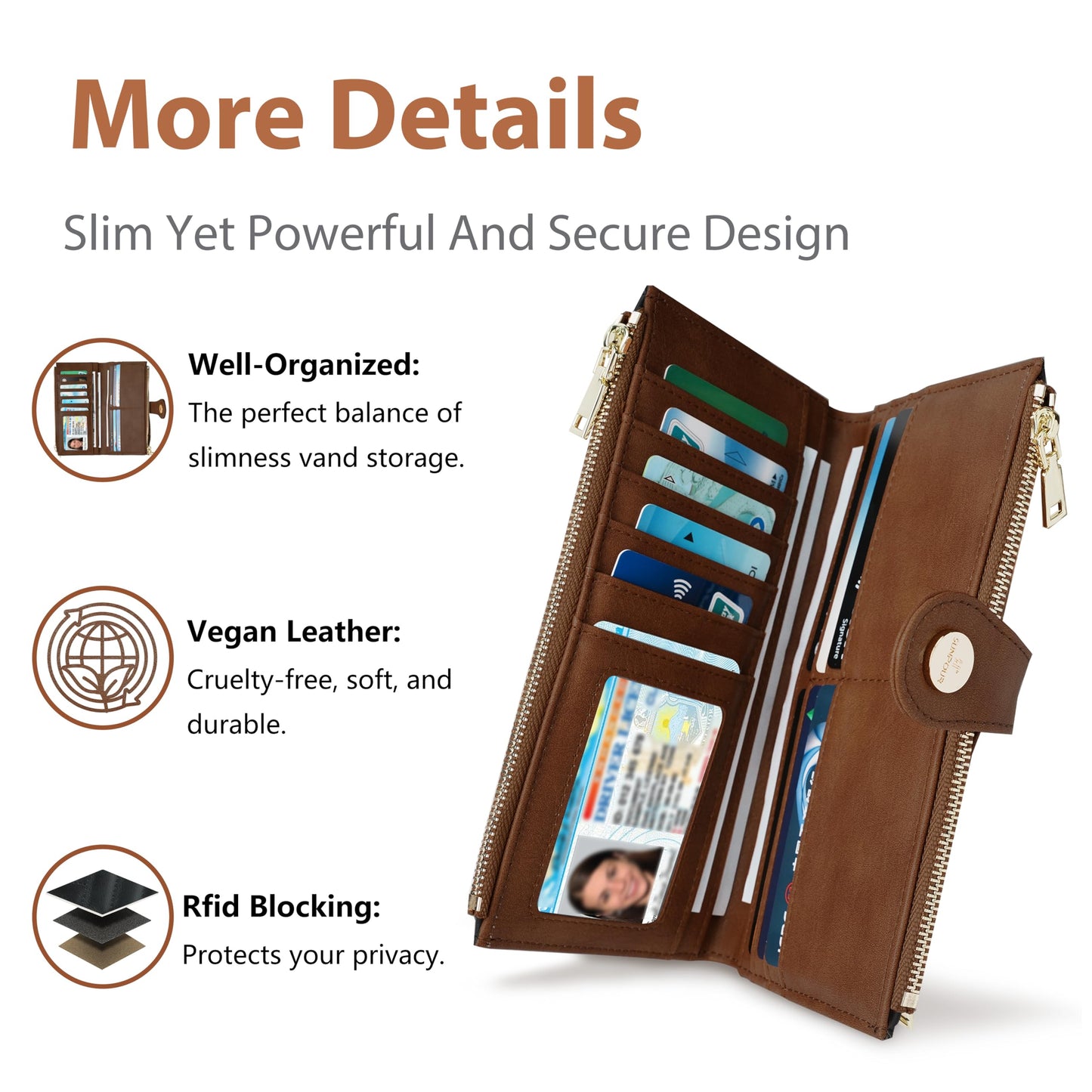 Sunpour Women’s Wallet,Thin RFID Blocking Leather Wallet for Women Credit Card Holder Travel Wallet with Zipper Pocket(Sleek Black & Brown)