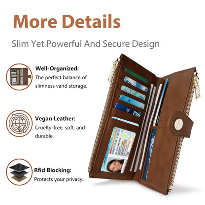 Sunpour Women’s Wallet,Thin RFID Blocking Leather Wallet for Women Credit Card Holder Travel Wallet with Zipper Pocket(Sleek Black & Brown)