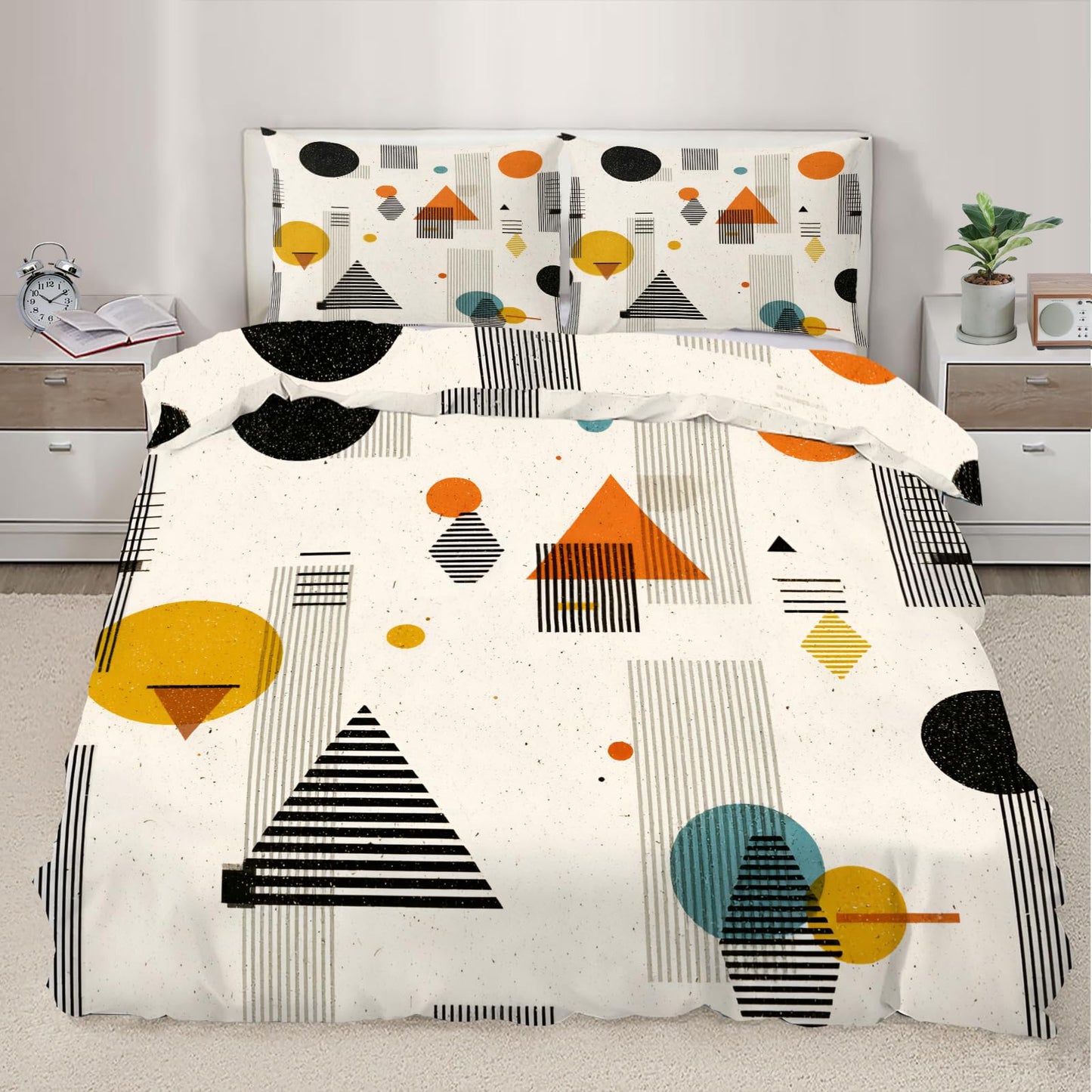 QINYUN Middle Ages Abstract Duvet Cover Queen Size, Retro Beige Bedding Set 3 Piece Bedroom Decor Modern Minimalism Patterned Comforter Cover with Zipper Ties & 2 Pillowcases