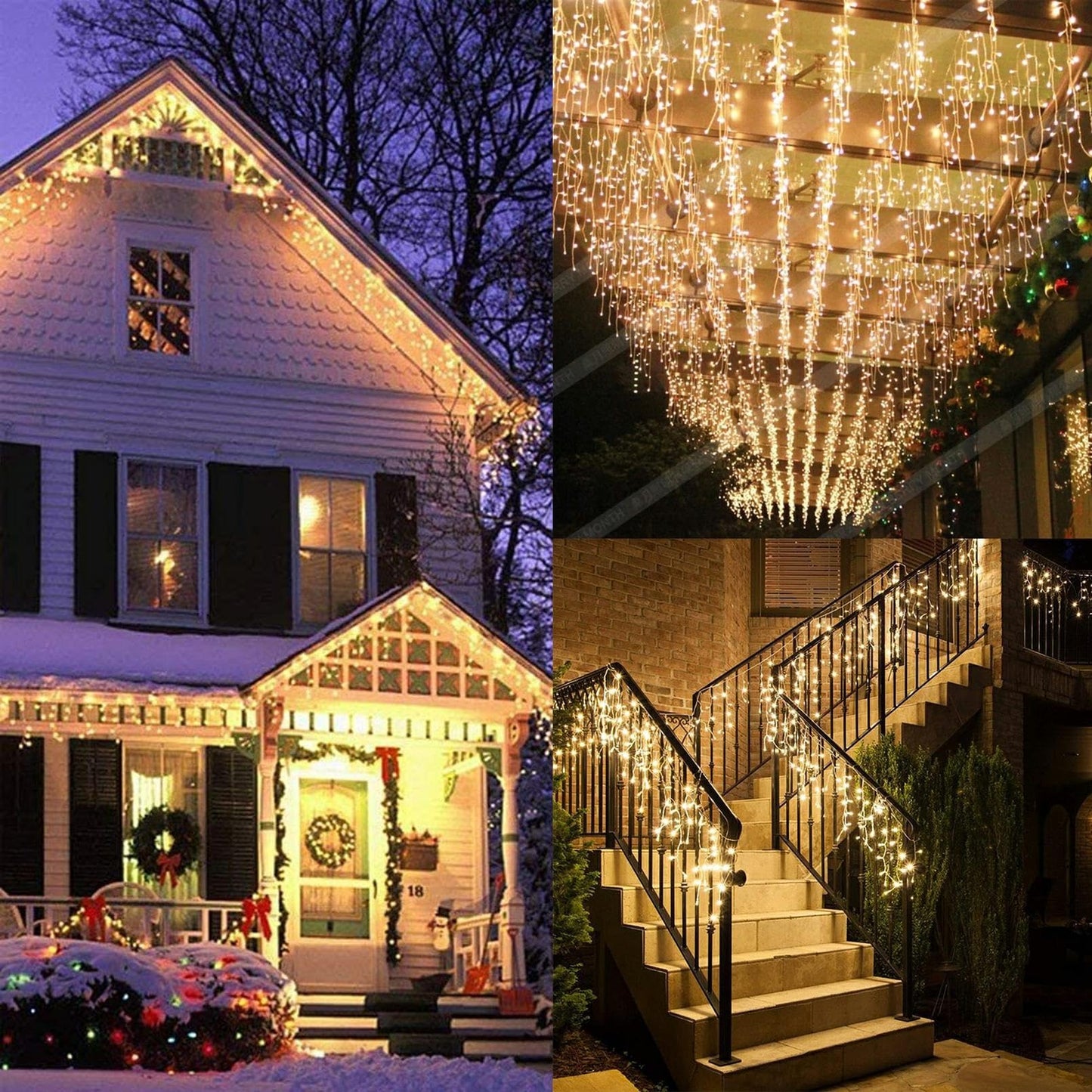 JAMISAY LED Icicle Lights, 8 Modes 19.7FT 150 LEDs Christmas Short Curtain Fairy Hanging Ceiling Extendable Lights for Wedding Balcony Doorway Outdoor Indoor Decoration Warm White, 6M05