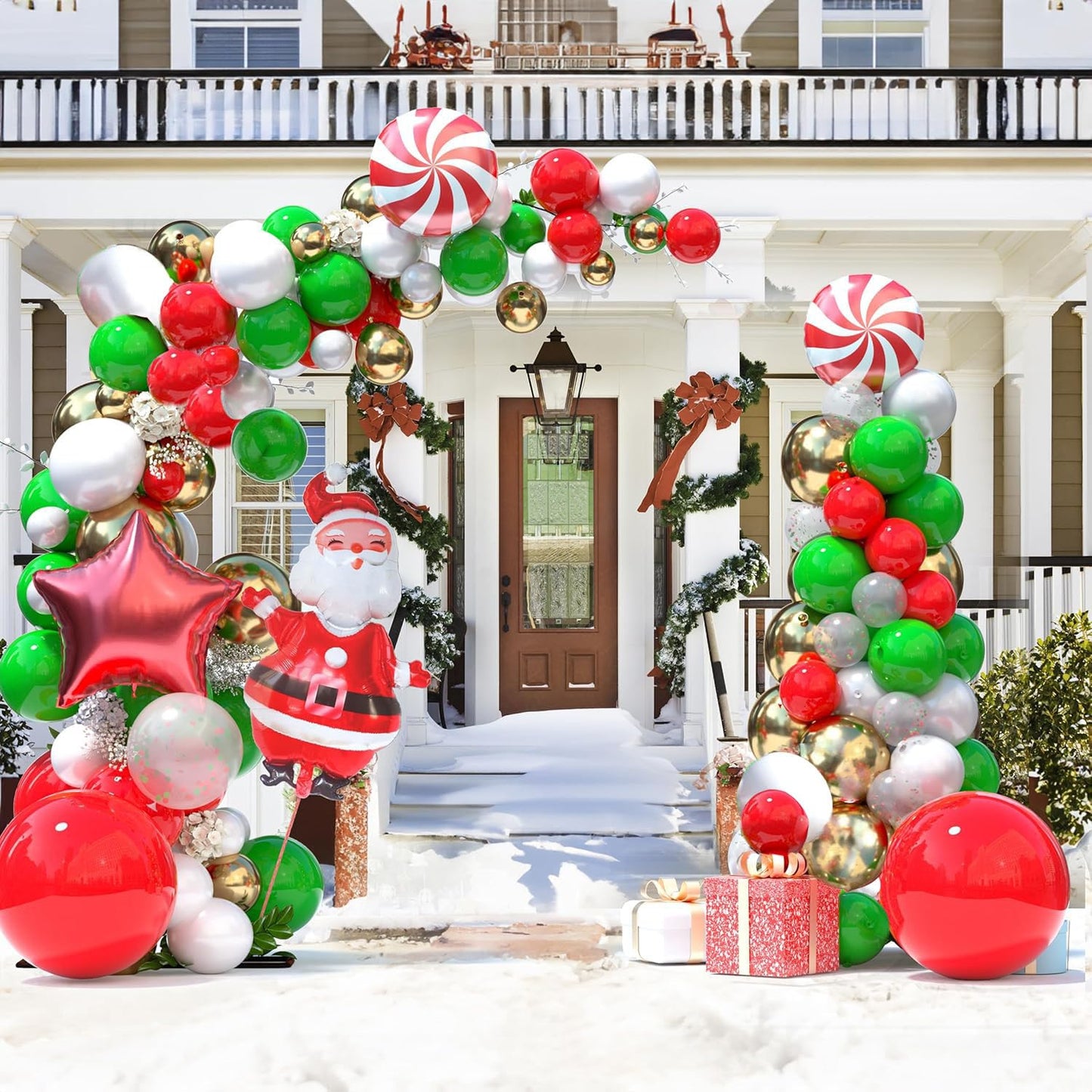 134 Pcs Christmas Balloon Garland kit, Green Red White Gold Balloons Garland Arch Kit, Xmas Candy Cane Foil Balloons Santa Claus Red Star Balloons for New Year Christmas Party Decorations Supply