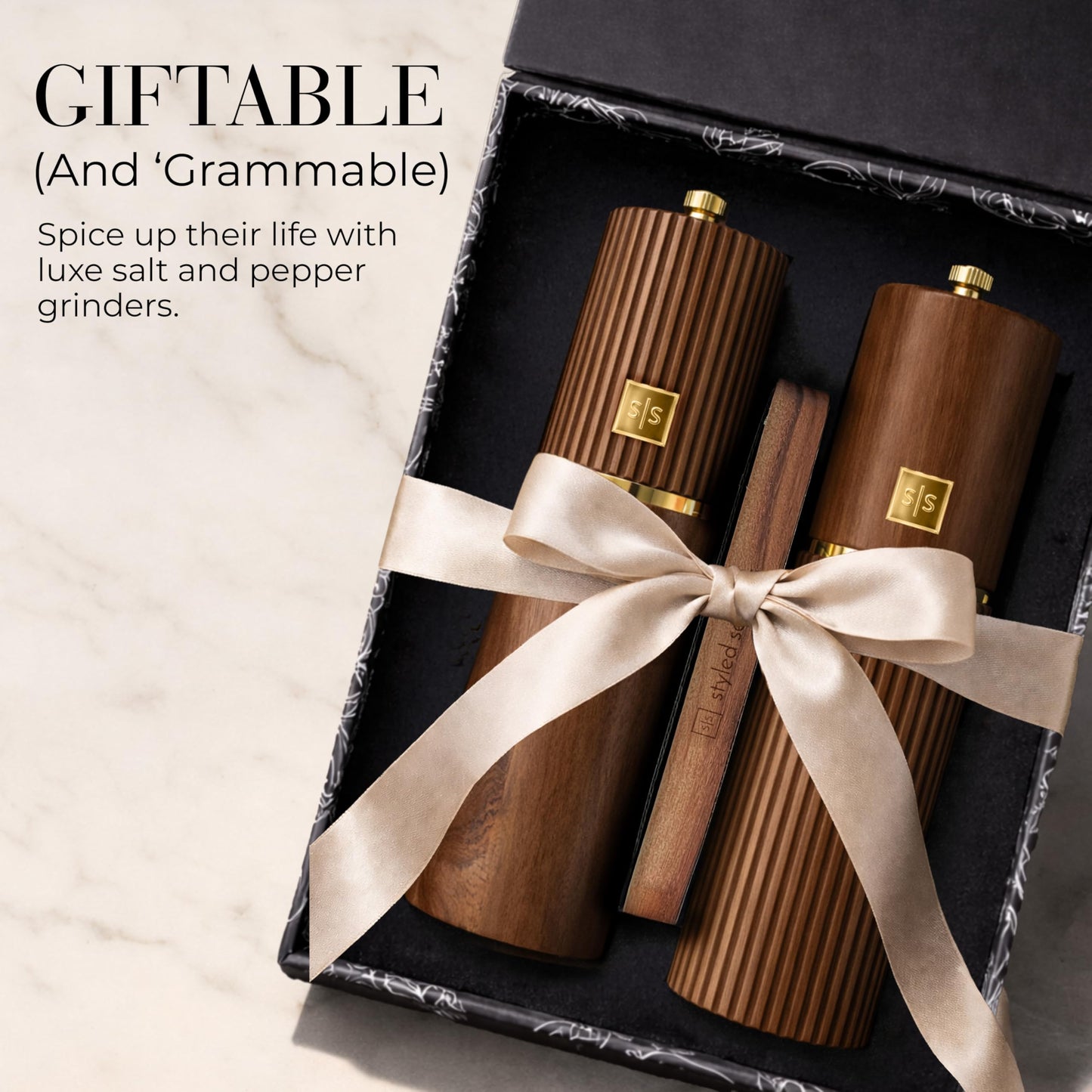 Wooden Salt and Pepper Grinder Set – Refillable Manual Salt and Pepper Mills with Adjustable Ceramic Burrs, Gold Detailing, and Wood Stand – Dark Wood