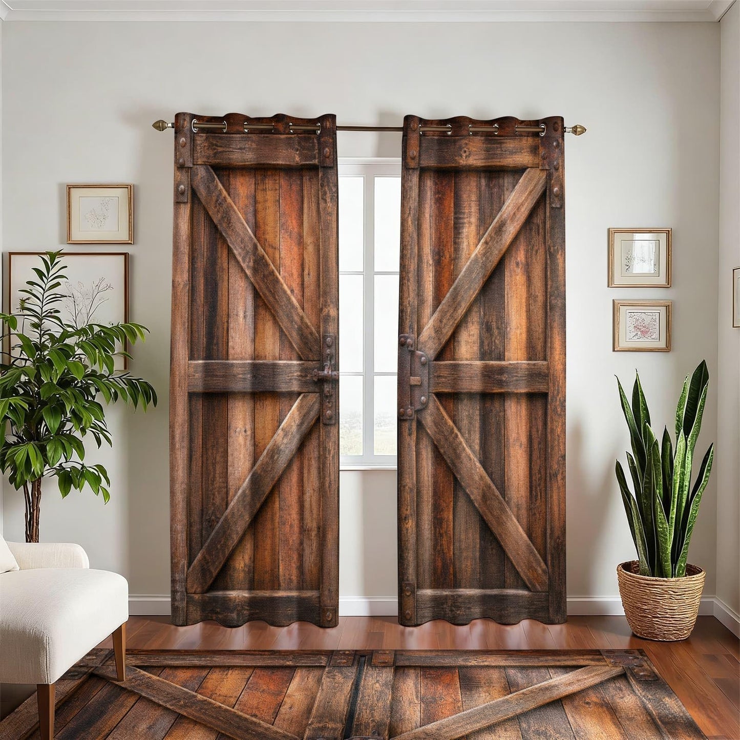 Warm Brown Rustic Barn Door Blackout Curtains, Vintage Wooden Texture Grommet Top Window Drapes, Thermal Insulated Room Darkening Curtains for Bedroom Farmhouse Cabin, 2 Panels Set, 37"W x 63"L