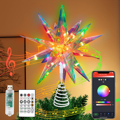 LEDLampsWorld 3D Moravian Star Tree Topper, PET Christmas Star Tree Toppers Powered by USB, App Control LED Smart Christmas Light with Remote for Xmas Tree