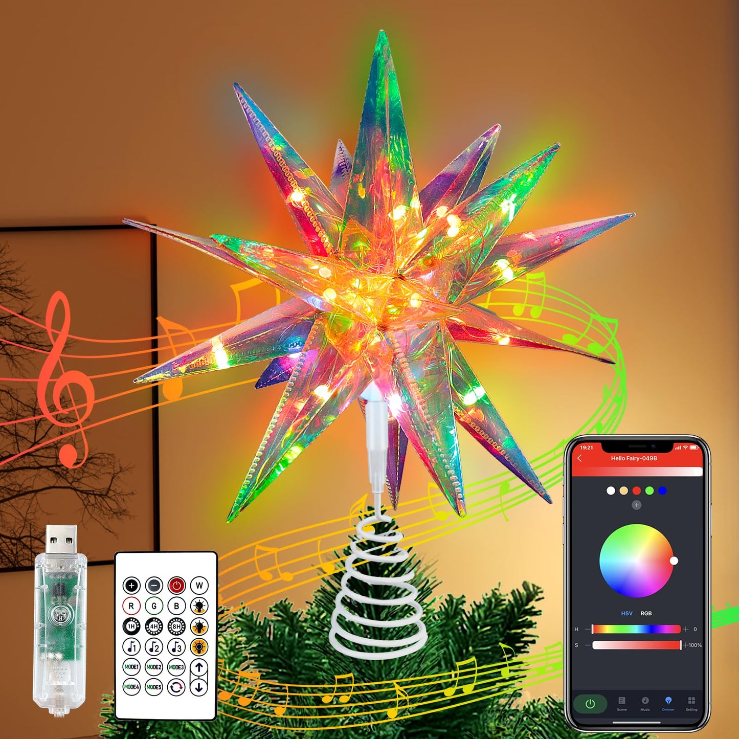 LEDLampsWorld 3D Moravian Star Tree Topper, PET Christmas Star Tree Toppers Powered by USB, App Control LED Smart Christmas Light with Remote for Xmas Tree