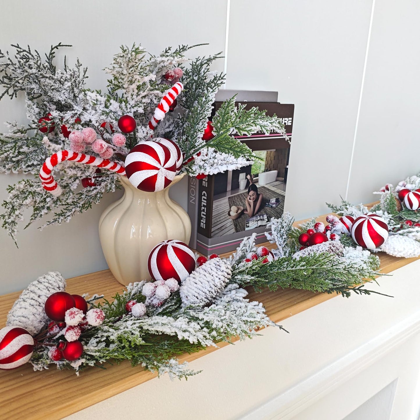 Egolot 70 Inch Christmas Candy Cane Garland for Front Door, Winter Red White Xmas Holiday Garland for Indoor Outdoor, Christmas Frosted Garland with Berries and Pine Cones