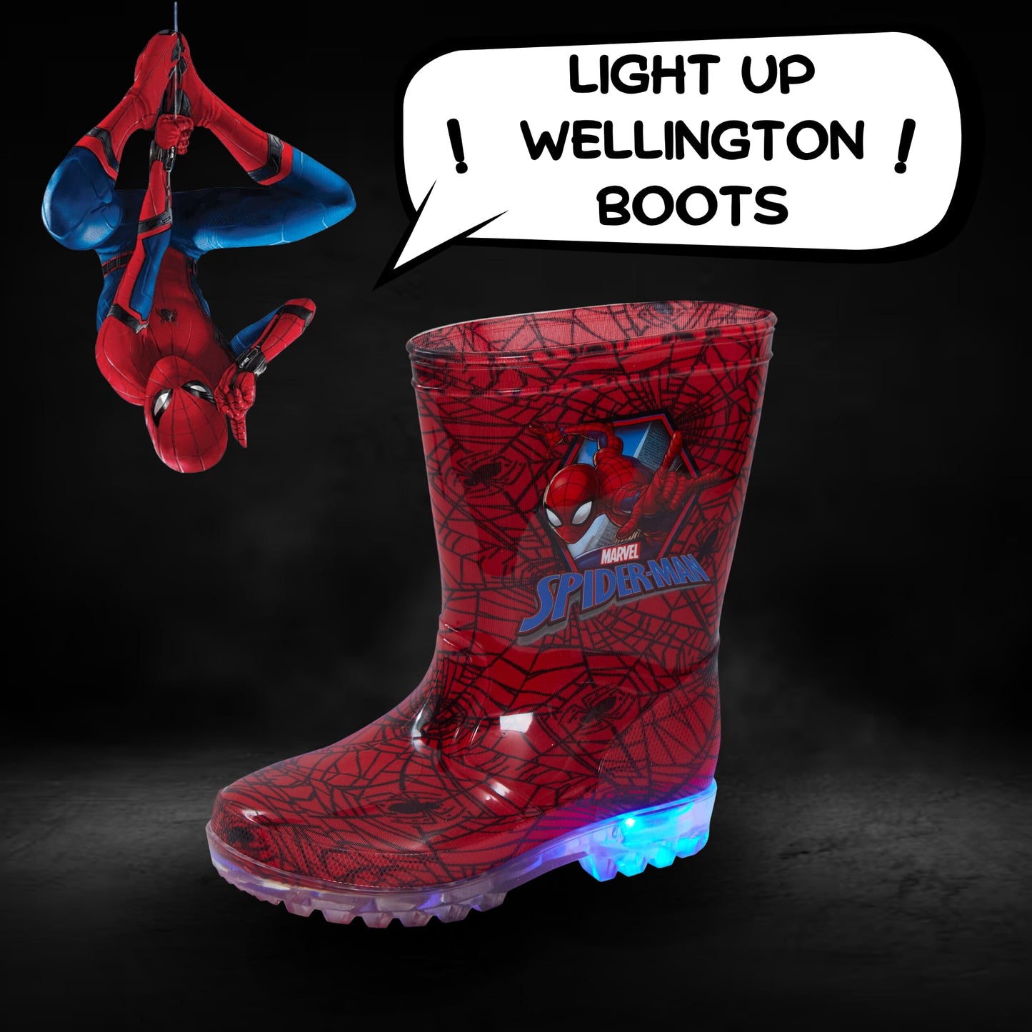 Marvel Spiderman Light Up Wellington Boots 10 UK Child