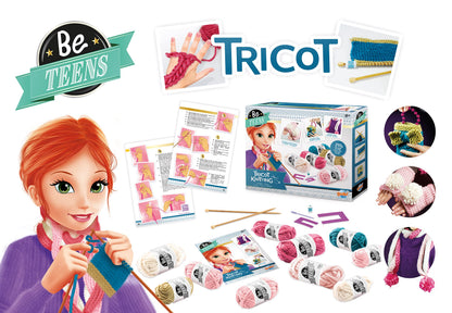 BUKI France Be Teens Knitting Kit – Kids Craft Set with 290g Wool | Learn Finger Knitting, Needle Knitting & Stocking Stitch | Make a Scarf, Purse & Gloves | Creative Gift for Children Age 8+