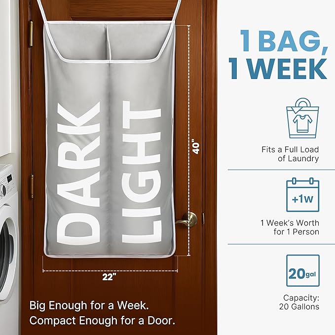 Hanging Laundry Hamper Bag XL 40x22", Space Saving over the Door Storage Bags