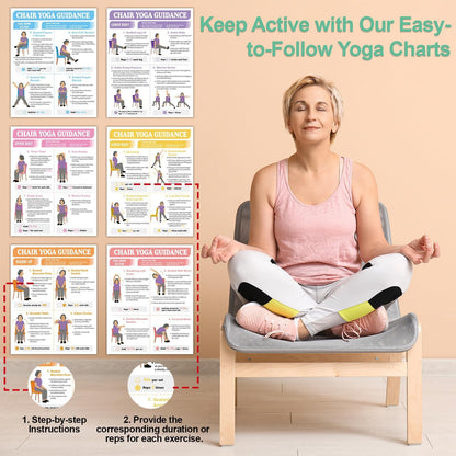 10Pcs Chair Yoga Poster for Seniors Beginners-Set of 8 Illustrated Guides & 2 30-Day Challenges Stretching and Gentle Chair Yoga Chart Wall Art For Balance Flexibility Weight Loss(11 x 8.7 Inch）