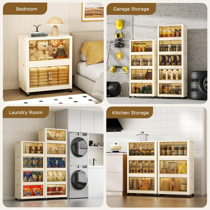 YUEXINKJ 102QT Plastic 5 Tier Storage Bins with Lids,Folding Storage Box with Doors and Wheels Stackable Storage Bins,Closet Organizers and Storage for Living Room,Office,Dorm