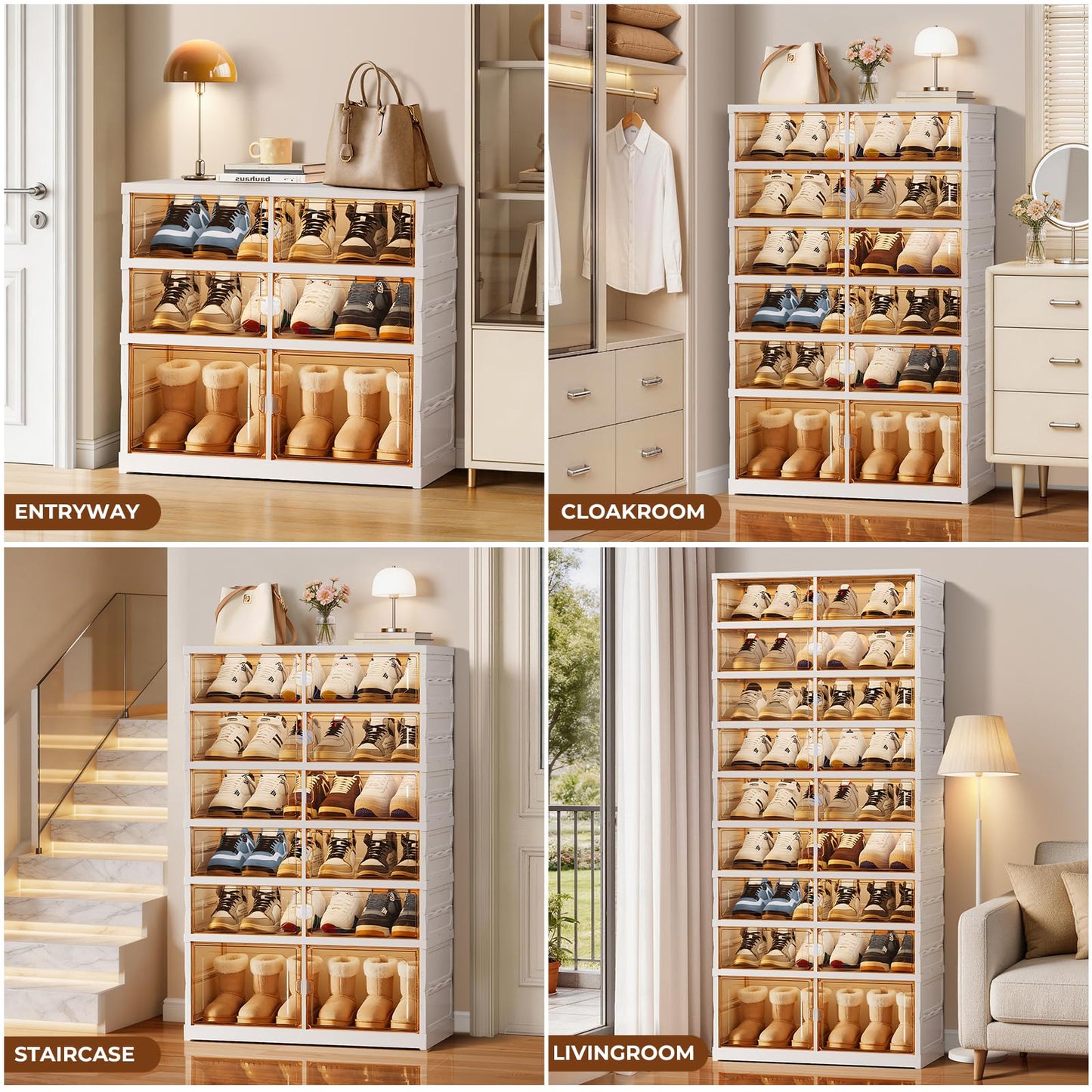 EHAMILY Foldable Shoe Rack Organizer 9-Tier, 27 Pairs Collapsible Shoe Storage Cabinet with Doors, Clear Plastic Stackable Shoe Organizer for Closet, with Boots Space, Easy Tool-Free Assembly, White