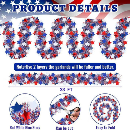 YunPuff 33Ft 4th of July Sequin Star Garland, Red White Blue Metallic Tinsel Twist Garland with 5-Pointed Stars, 2026 Patriotic Independence Day Decor for 250th Anniversary Home Staircase Porch
