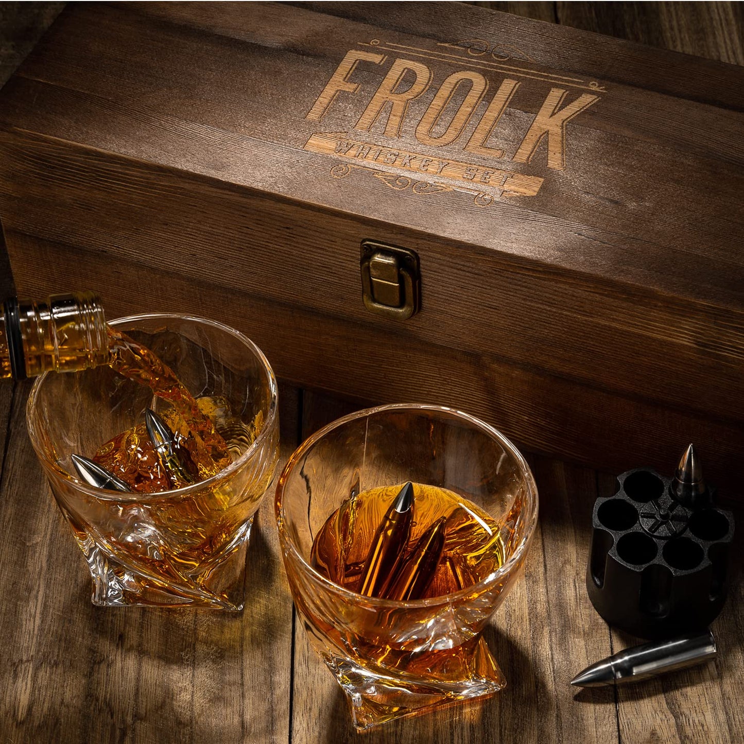 Whiskey Chillers Premium Gift Set By Frolk, Set of 6 Extra Large Stainless Steel Whiskey Stones, 2 Large Twisted Whiskey Glasses (11 oz), Freezer Base, Velvet Pouch & Tongs in Novelty Wooden Box