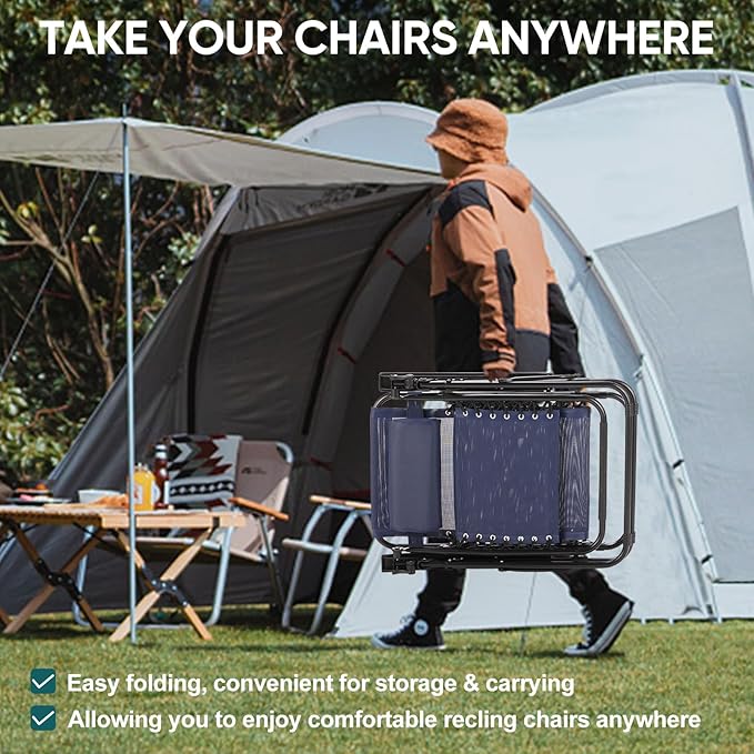 NEWBULIG Zero Gravity Chair Set of 4, Lounge Chair Folding Portable Adjustable Camping Reclining Chairs with Adjustable Pollow, Mesh Back, Cup Holder Trays Lawn Patio Chair for Pool Beach - Blue