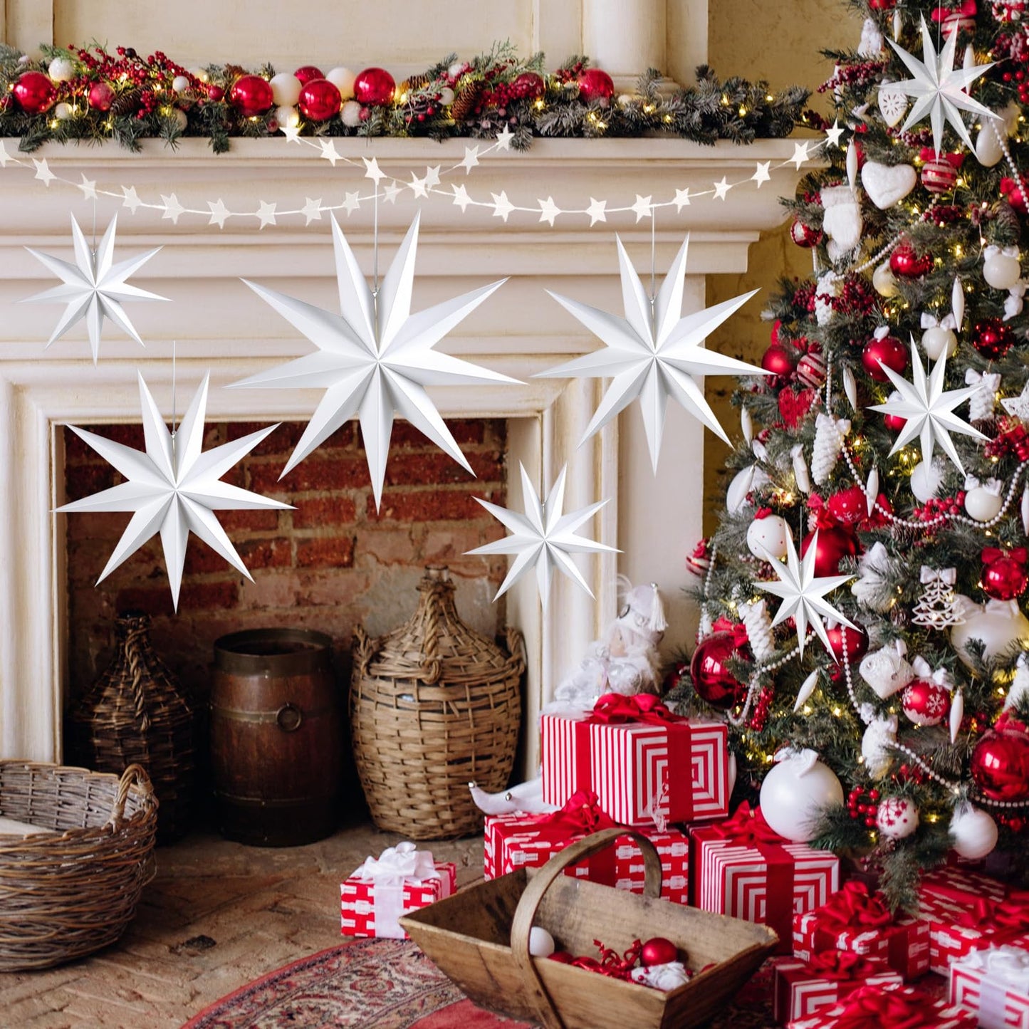 WNSIRVY 5 Pack 9-Pointed Large 3D Paper Star Lanterns White Hanging Lanterns with Star Garland Banner for Halloween Christmas Baby Shower Wedding Birthday Home Decorations