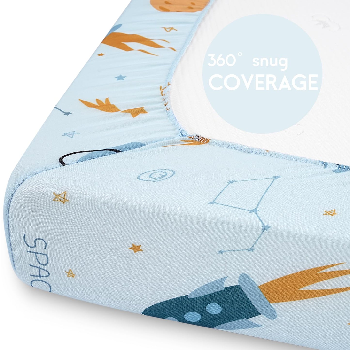 Yoofoss Pack and Play Sheets Fitted, Mini Crib Sheets 2-Pack for Pack N Play Mattress, Stretchy Playard Sheet, Soft and Breathable Blue Rocket