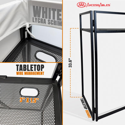 AxcessAbles Portable White DJ Facade Booth with Carry Case – 40" x 20" Tabletop, Steel Frame, and White Scrim | White DJ Table | Event Booth (ES-01X)