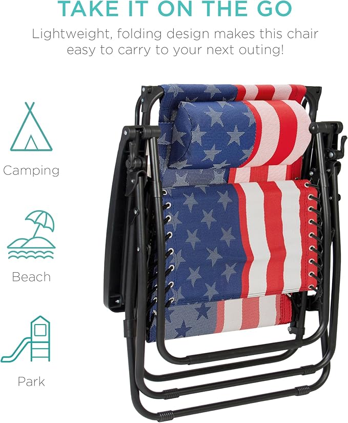 Best Choice Products 30” Wide Folding Zero Gravity Outdoor Recliner Patio Lounge Chair w/Adjustable Canopy Shade, Headrest, Side Accessory Tray - American Flag