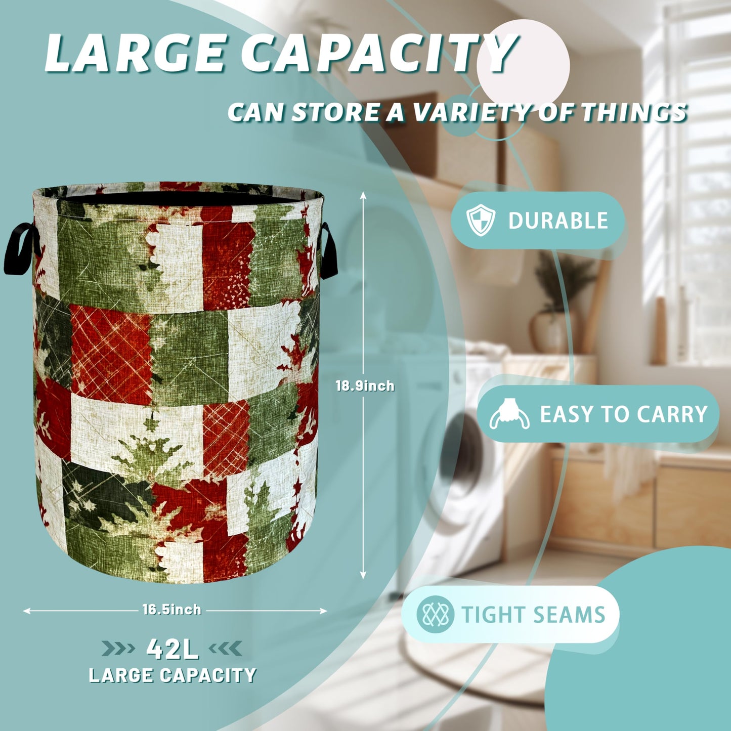 Christmas Laundry Basket Retro Red Green Christmas Tree Print Funny Laundry Hamper Foldable Oxford Cloth Tote Bag Clothe Toy Storage Bucket 18.9"x16.5"For Bathroom/Laundry Storage/Bedroom