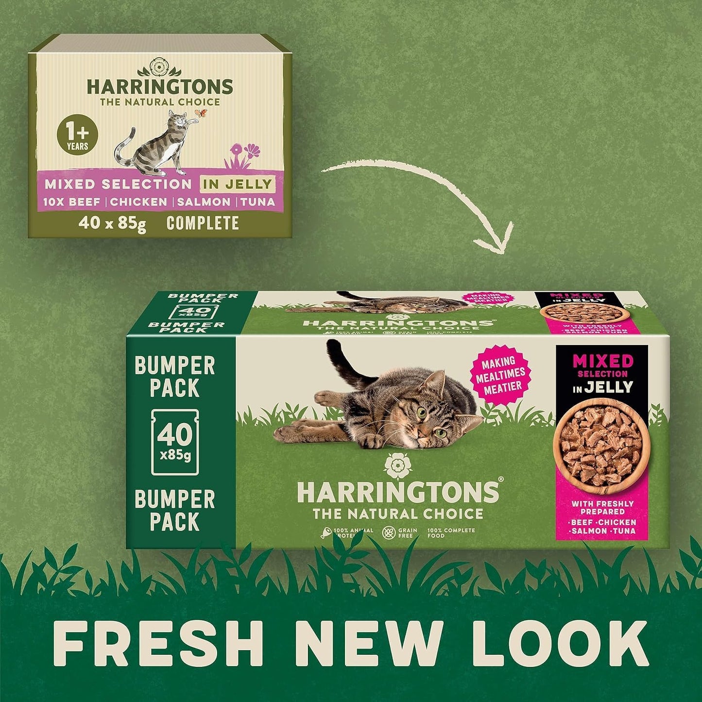 Harringtons Complete Wet Pouch Grain Free Hypoallergenic Adult Cat Food Mixed in Jelly Pack 40x85g - Beef, Chicken, Salmon & Tuna- Making Mealtimes Meatier