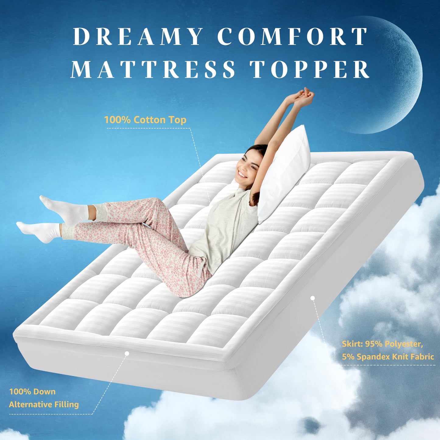 Queen Mattress Topper for Back Pain Relief, Ultra Soft Pillow Top Mattress Pad with 100% Breathable Cotton Top, 8-22" Deep Pocket Skirt, Cooling Quilted Mattress Protector (60 x 80 Inches, White)