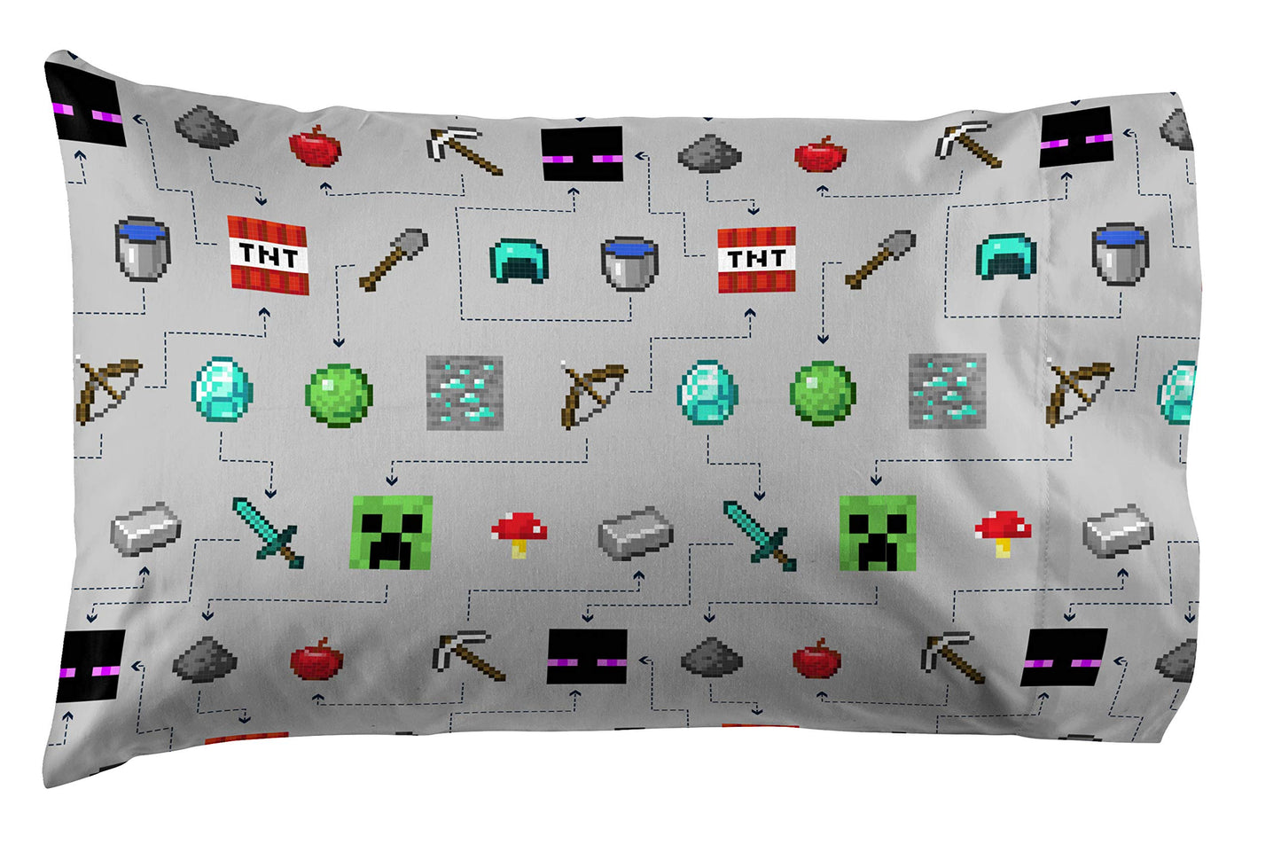 Jay Franco Kids Sheet Set with Fitted, Flat Sheets & Pillow Cover - Ultra-Soft Bedding with Pillowcase for Room Decor, Gray - Minecraft, 3 Piece Twin