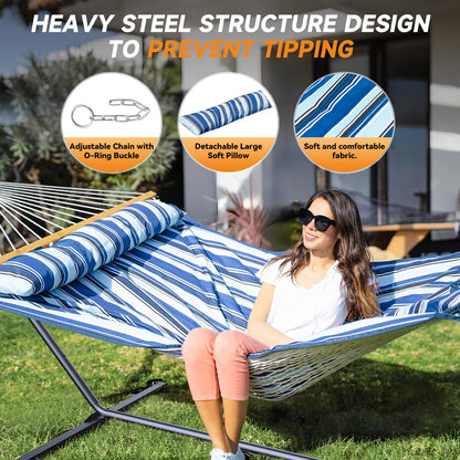 Everyfun 2 Person Outdoor Hammock with Stand, Cotton Rope Hammock with Polyester Pad, Adjustable Steel Frame, Portable with Carrying Bag – for Patio, Backyard, Garden, Beach, Blue