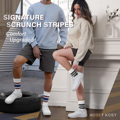 MOSEY KOSY Slouch Cotton Socks, Scrunch Fashion Colorful Soft Breathable Crew Calf for Women and Men, 4 Pairs(Black Striped,M)