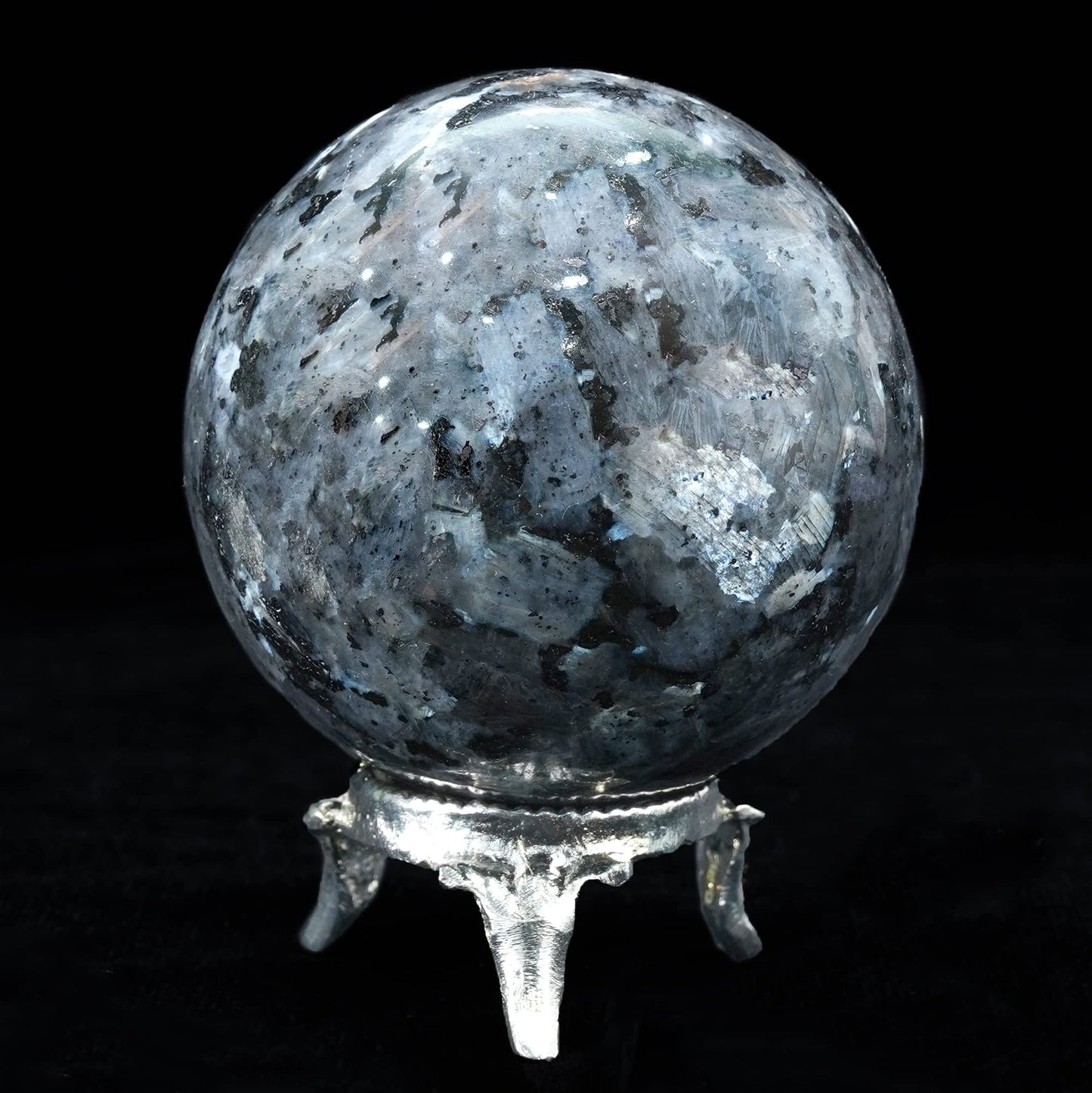 Crocon 50mm Larvikite Stone Sphere Ball with Metal Stand 1400+ Carats Gemstone Ball Healing Sphere Sculpture Figurine for Fengshui Divination Home Decoration Photography Crystal Sphere