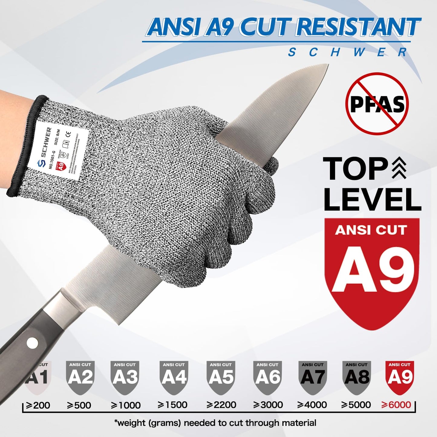 Schwer SlicePro ANSI A9 Cut Resistant Gloves, Food Grade Reliable Cutting Gloves, Mandoline Gloves for Kitchen Meat Cutting, Oyster Shucking, Fish Fillet Processing, Non-PFAS, PR1501-G, M
