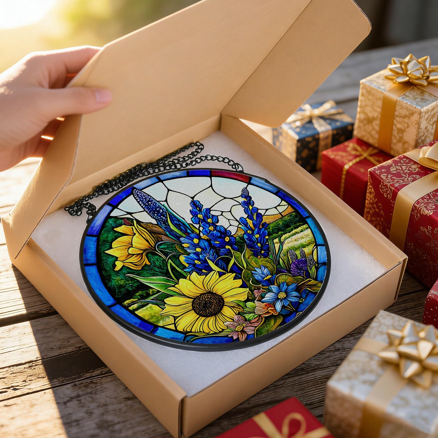 Stained Glass Window Hanging, 7.8 Inch Texas Bluebonnet Flowers and Sunflowers Stained Glass Suncatcher for Window, Door, Home Decor, Sun Catchers for Indoor Windows, Gifts for Women, Mom, Grandma
