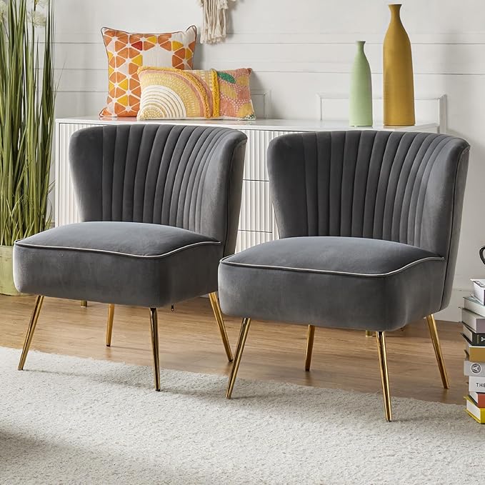 HULALA Home Velvet Accent Chair Set of 2, Modern Armless Upholstered Side Chair