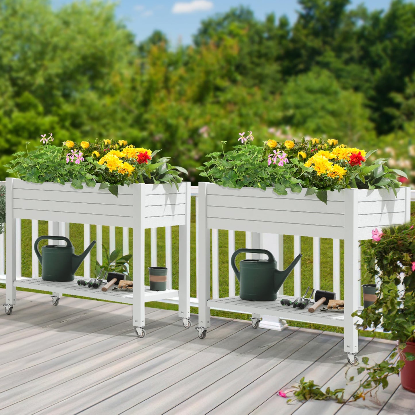 YITAHOME Raised Garden Bed Outdoor 43.3x17.7x34 in Raised Planter Box with Legs, Drain Plug and Storage Shelf, Elevated Planter Box for Plants Vegetables Flowers Herbs, White
