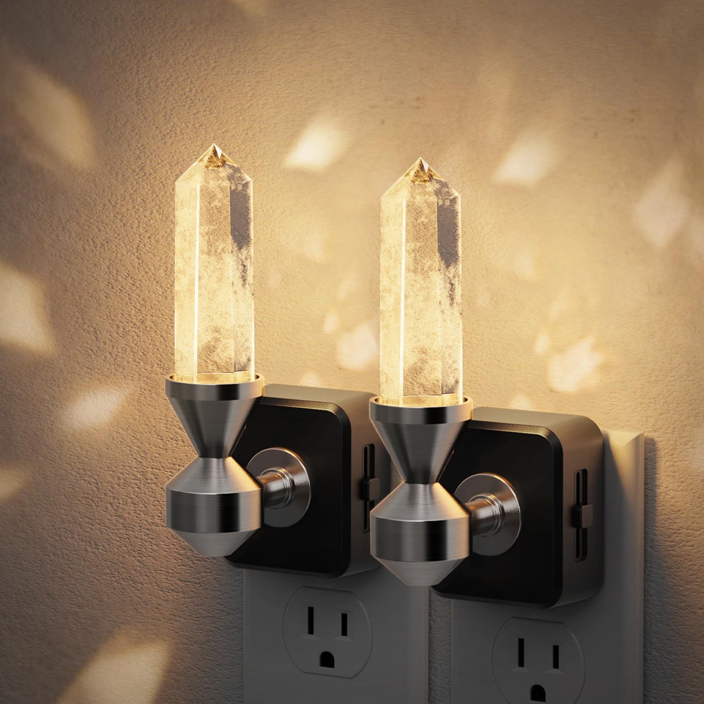 JandCase Healing Crystals LED Night Light Plug into Wall, 2 Pack Dimmable Night Lights witih Clear Quartz Tower, Dusk to Dawn Sensor Nightlights for Meditation Living Room Bedroom Home Decor
