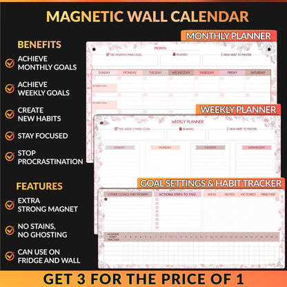 Magnetic Whiteboard for Fridge - Large Dry Erase Calendar for Wall | 3 Magnetic Dry Erase Board 10.5" x 16.5" & 7" x 16.5", Monthly Goal Setting & Habit Tracker, 5 Markers and 6 Adhesive Hooks