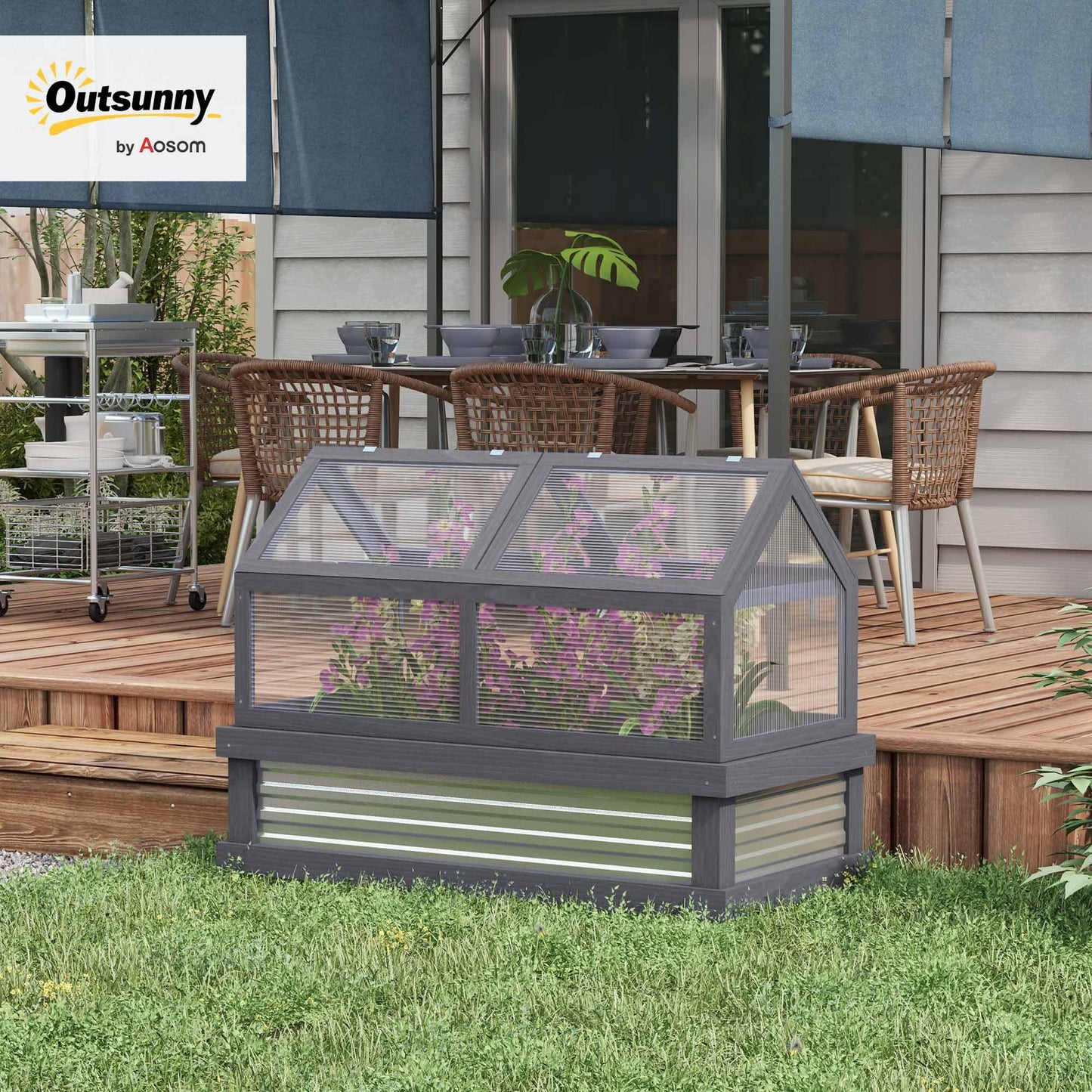Outsunny Raised Garden Bed with Polycarbonate Greenhouse, Wooden Garden Cold Frame Greenhouse, Flower Planter Protection, 48" x 24" x 32", Gray