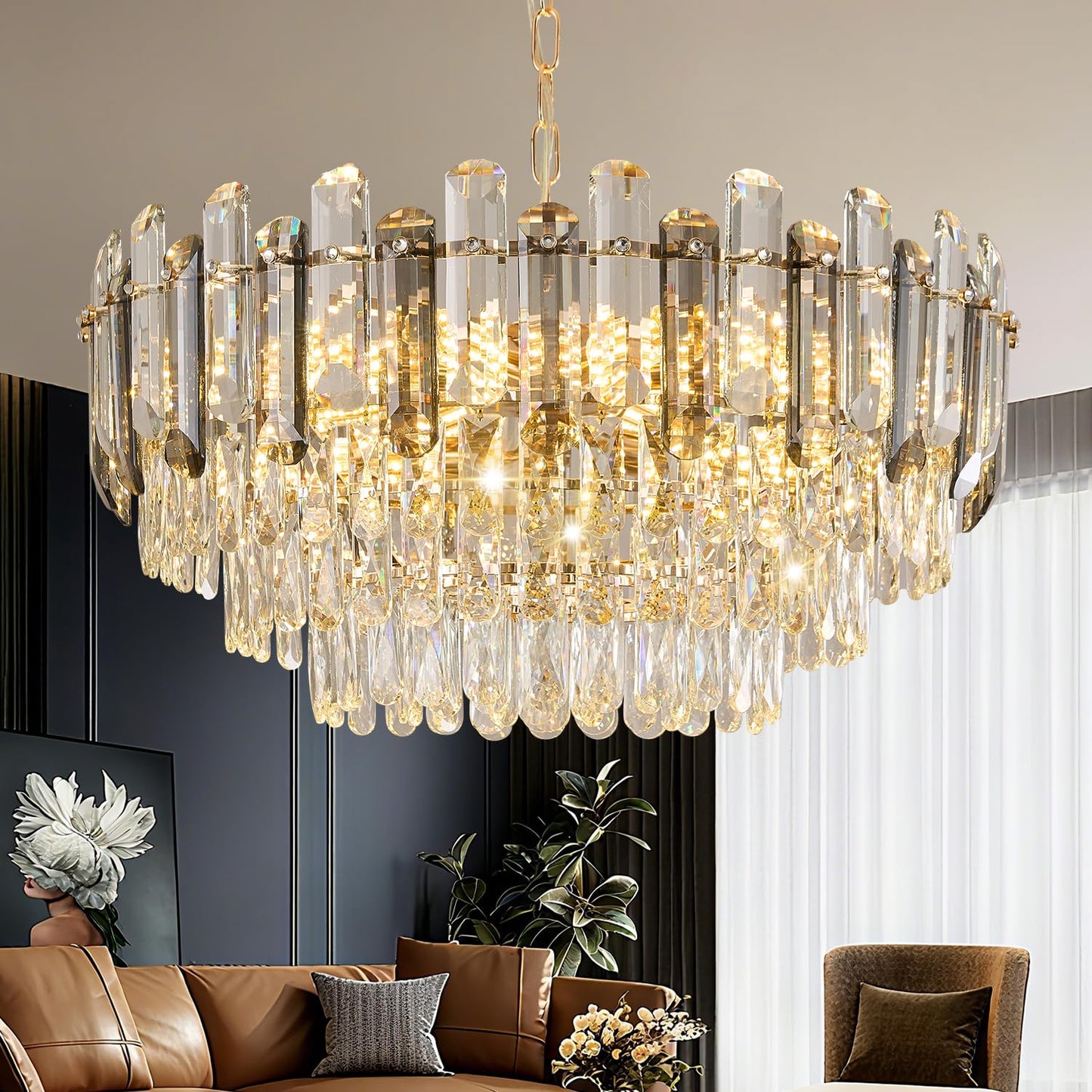 Vodcrindax Gold Crystal Chandelier 24" 12-Light 4-Tier K9 Crystal Round Adjustable Pendant Light Modern Crystal Chandeliers for Dining Room Living Room Kitchen Island Bedroom Foyer Entryway