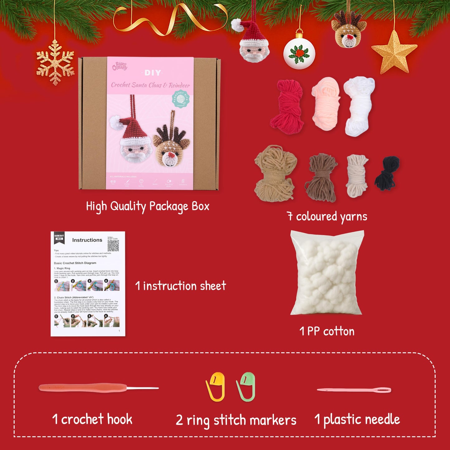 HOUSE CREATIVITY Christmas Crochet Kit for Beginners – Make Santa Claus & Reindeer Ornaments, Amigurumi Crochet Starter Kit with Video Tutorial, Yarn & Hook, DIY Holiday Tree Decor Gift