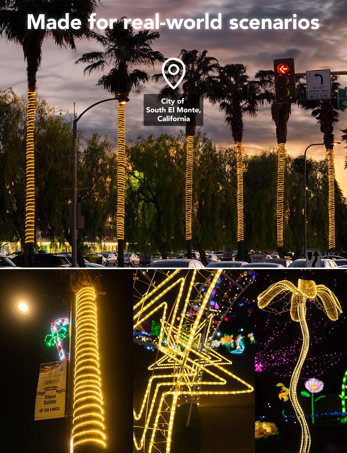 WYZworks 576LEDs, 50ft LED Outside Rope Lights, Waterproof Permanent Outdoor ETL Certified Connectable Clear Tube, Christmas Palm Tree Holiday Decorative Landscape Patio Accent Lighting - Warm White