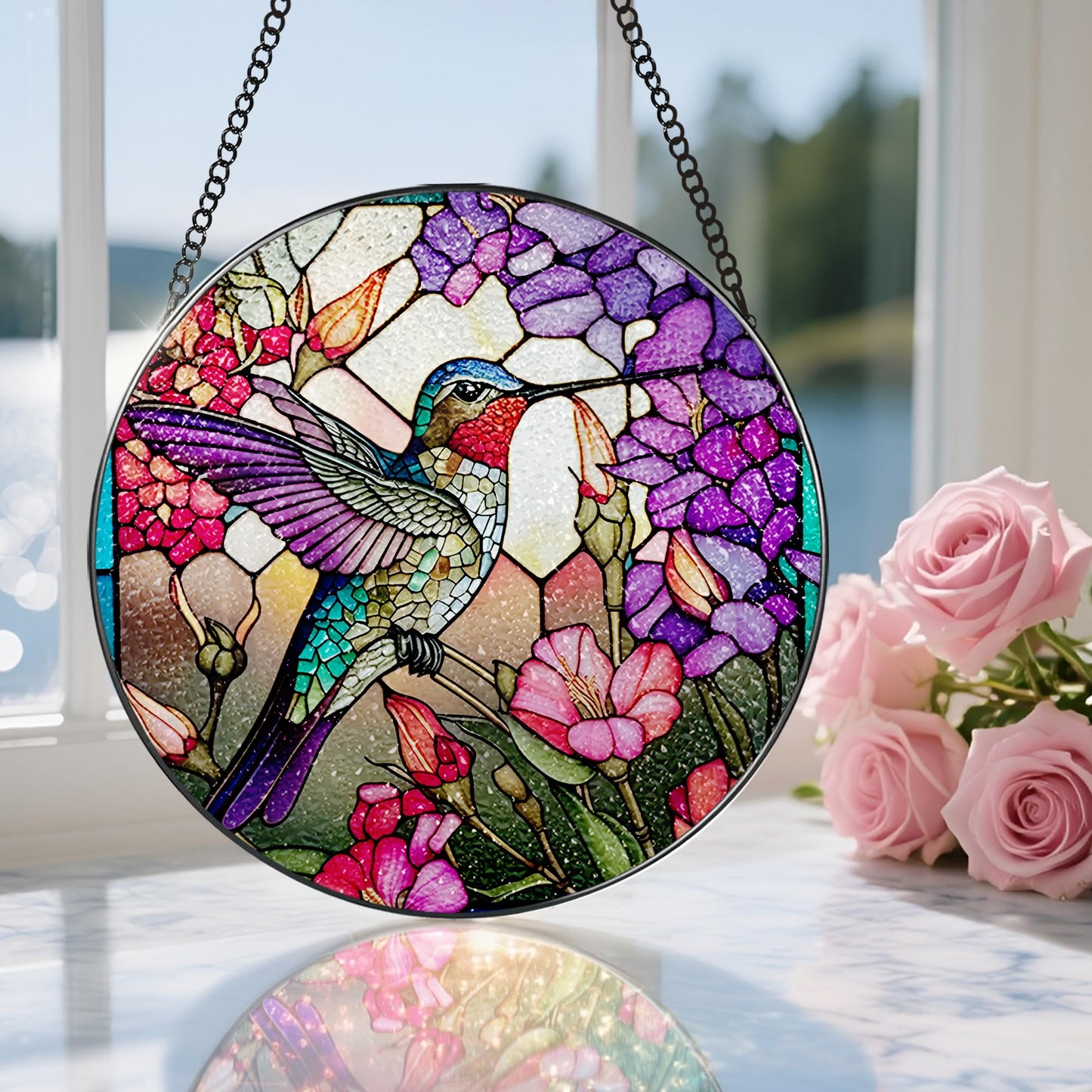 8 Inch Stained Glass Suncatcher Ornament, DOUHASU Hummingbird Sun Catchers Indoor Window, Stained Glass Window Hanging, Home Decor, Hummingbird Lovers Gifts for Women, Mom, Friend