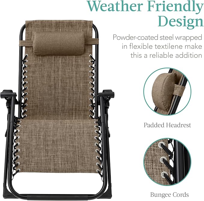Best Choice Products Oversized Zero Gravity Chair, Folding Outdoor Patio Recliner, XL Anti Gravity Lounger w/Removable Cushion, Cup Holder, Side Tray, 350lb Capacity - Taupe