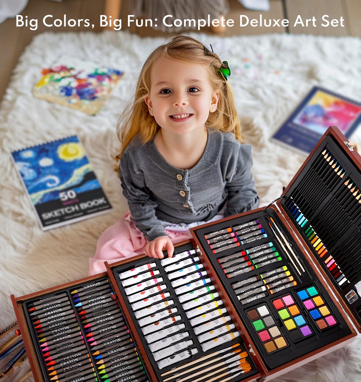 194 Piece Deluxe Art Set, Painting Drawing Art Supplies with 4 Drawing Pads, Acrylic Paints, Crayons, Colored Pencils Set in Wooden Case, Art Kit Gift Box for Kids, Teens, Adults, Artists, Beginners