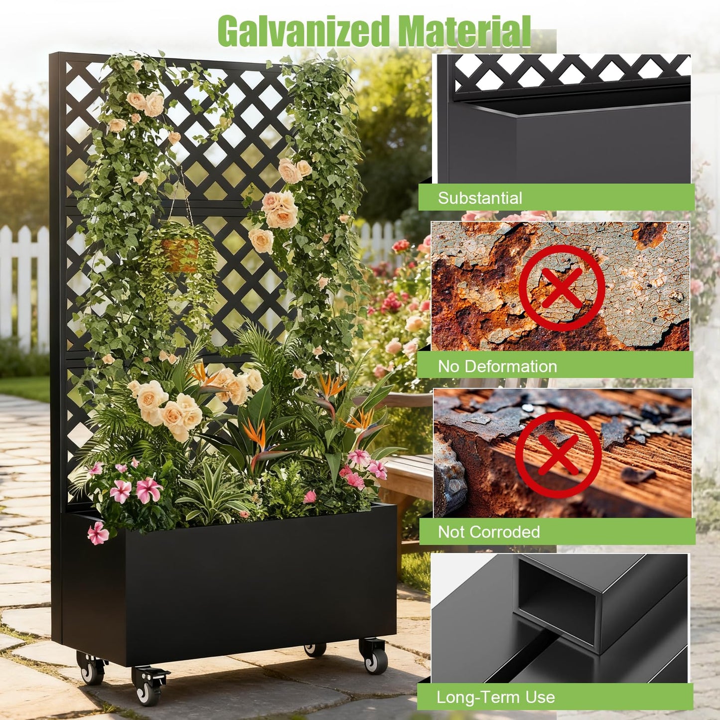 Luzfuego 72" Metal Planter Box with Trellis, Tall Outdoor Planter Box, Raised Garden Bed on Wheels for Climbing Plants, Outdoor Flower Planter with Drainage & Lockable Casters