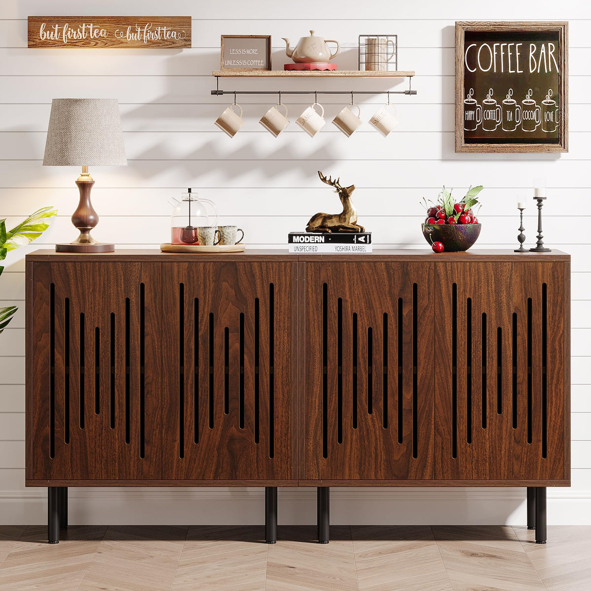 Tribesigns Set of 2 Sideboard Buffet with Storage, 59" Buffet Sideboard Cabinet with Adjustable Shelves, Accent Storage Cabinet for Living Room, Dark Brown