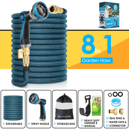 KETTOYA 100FT Expandable Garden Hose, Flexible Water Hose with 10-Pattern Spray Nozzle, Leak-Proof Retractable Heavy Duty Hose Pipe, 4-Layer Latex Core, Durable 3750D, Male Valve Connector, Kink-Free