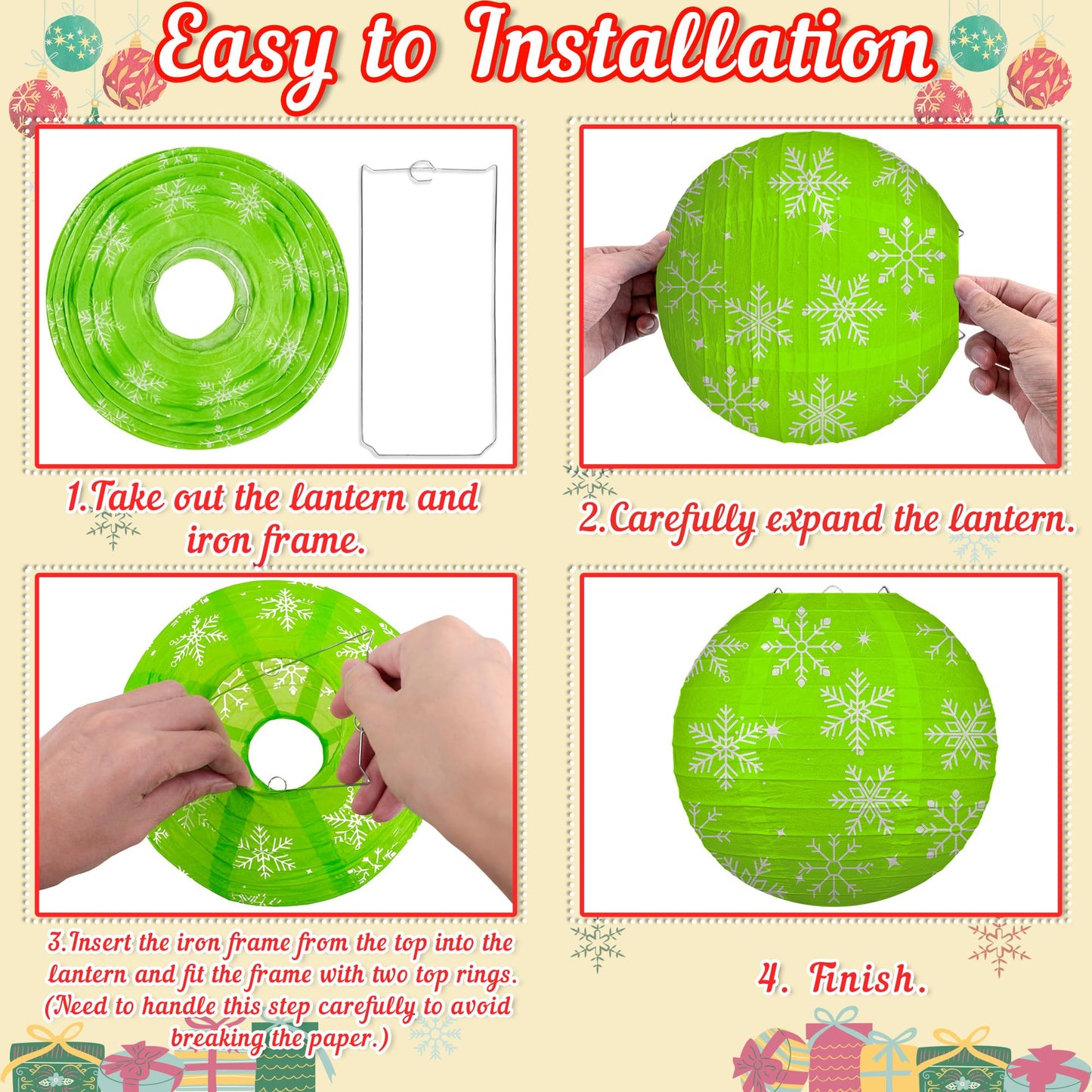 Renbuzhu 15PCS Christmas Decorations Ornaments Set – 9 Red White Green Paper Lanterns, 4 Pom Poms, 2 Hanging Swirls for Indoor, Home, Xmas Party, Porch Decor