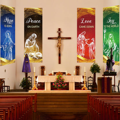 4Pcs Christmas Church Banners for Sanctuary Wall Love Hope Joy Peace Religious Banners Hanging Backdrop Gold Glitter Jesus Christian Banner with Scripture Bible Verse Banner for Holiday School Decor