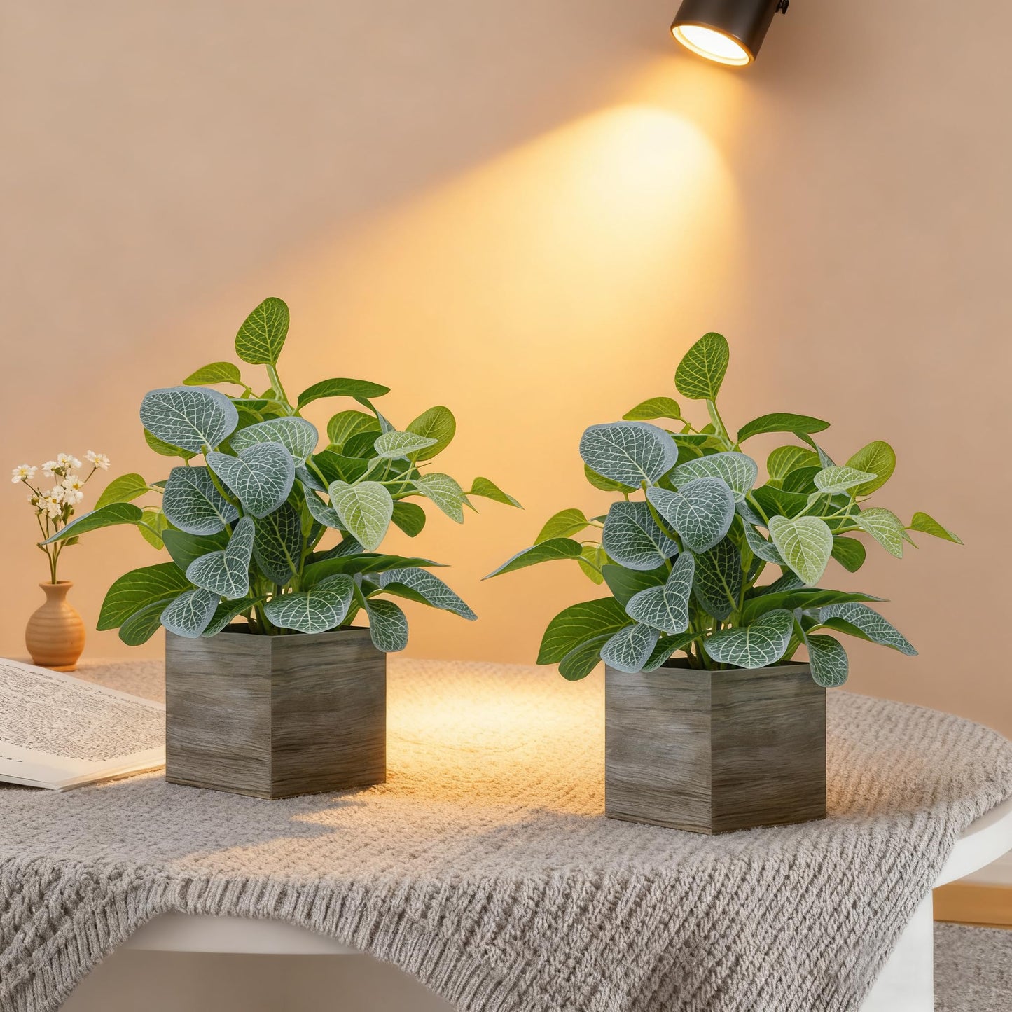 Nztze 2 Pack 12" Medium Eucalyptus Fake Plants, Artificial Plants Indoor with 4 Inch Wooden Planters, Faux Potted Plants for Home Decor, Desk, Shelves, Desktop, Coffee Table, Bedroom